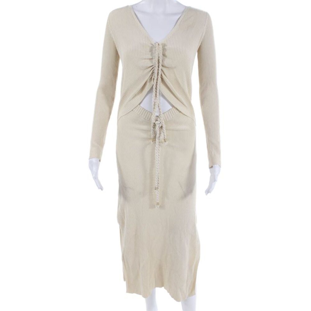 Nicolas Women Sweater Dress Beige V-Neck Striped Long Sleeve Drawstring Size XS
